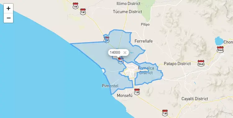 Mapa de la zona del código postal 14000 en Pomalca, Lambayeque