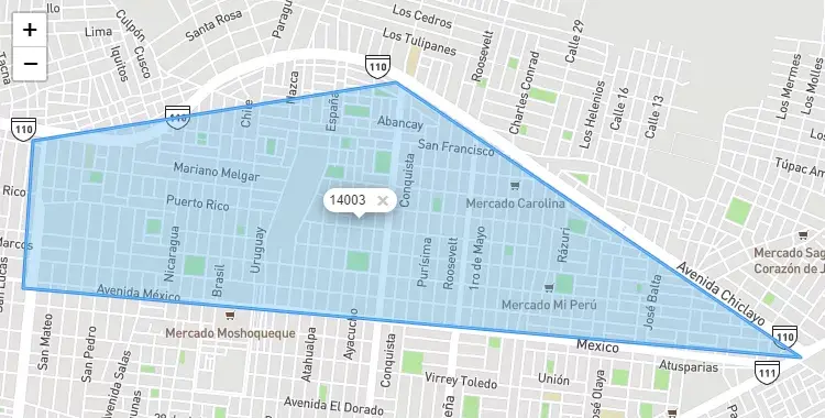 Mapa de la zona del código postal 14003 en José Leonardo Ortíz, Lambayeque
