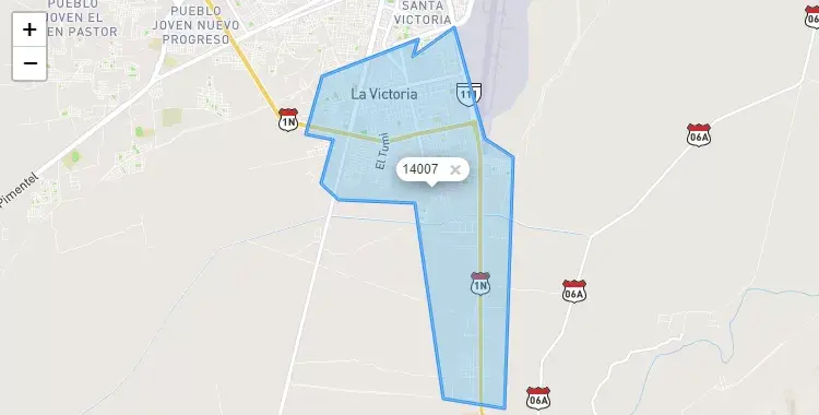 Mapa de la zona del código postal 14007 en La Victoria, Lambayeque
