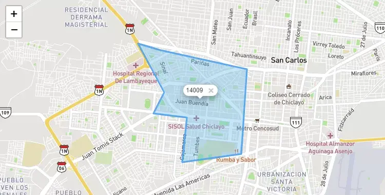 Mapa de la zona del código postal 14009 en Chiclayo, Lambayeque