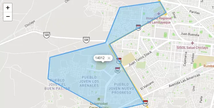 Mapa de la zona del código postal 14012 en Pimentel, Lambayeque