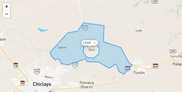 Mapa de la zona del código postal 14300 en Picsi, Lambayeque