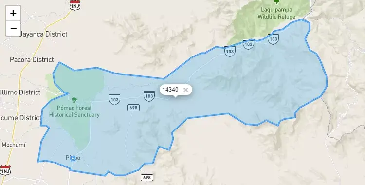 Mapa de la zona del código postal 14340 en Pitipo, Lambayeque