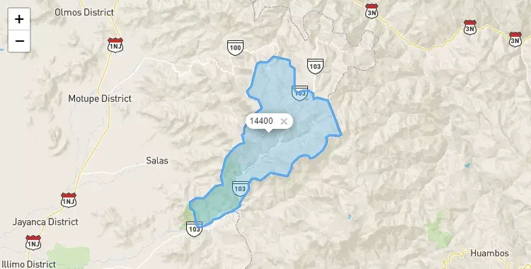 Mapa de la zona del código postal 14400 en Incahuasi, Lambayeque