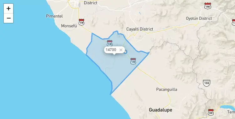 Mapa de la zona del código postal 14700 en Lagunas, Lambayeque