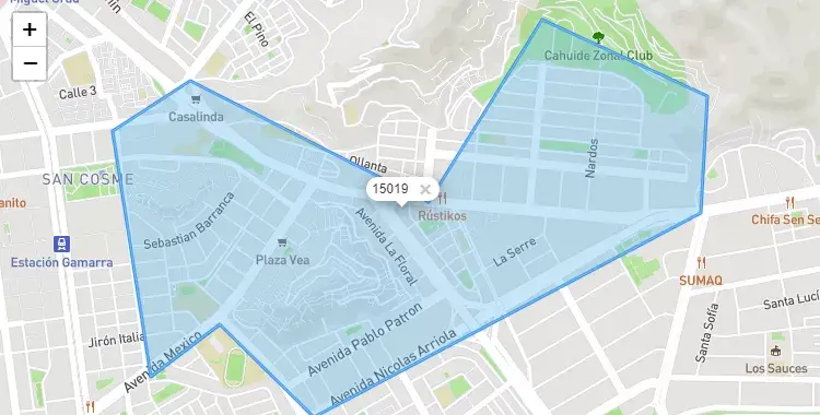 Mapa de la zona del código postal 15019 en La Victoria, Lima