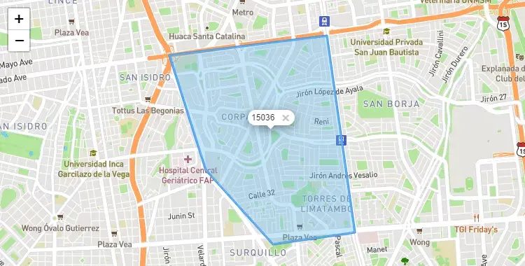 Mapa de la zona del código postal 15036 en Surquillo, Lima