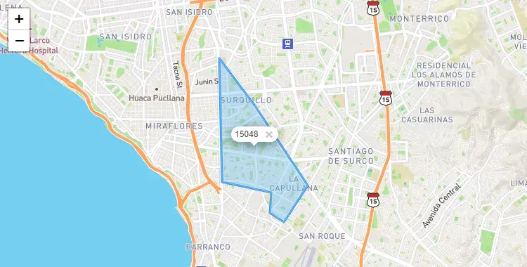 Mapa de la zona del código postal 15048 en Surquillo, Lima