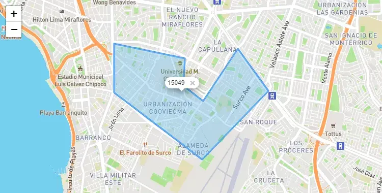 Mapa de la zona del código postal 15049 en Santiago de Surco, Lima