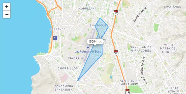 Mapa de la zona del código postal 15054 en Chorrillos, Lima