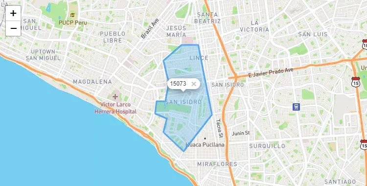Mapa de la zona del código postal 15073 en Miraflores, Lima