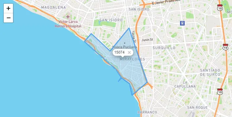 Mapa de la zona del código postal 15074 en San Isidro, Lima