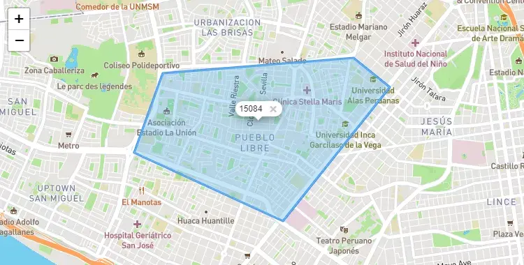 Mapa de la zona del código postal 15084 en Magdalena Vieja, Lima