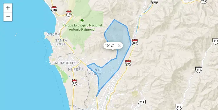 Mapa de la zona del código postal 15121 en Carabayllo, Lima