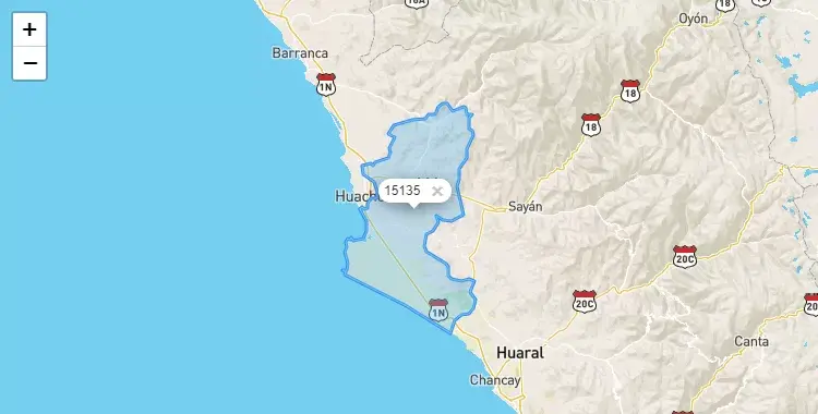 Mapa de la zona del código postal 15135 en Huacho, Lima