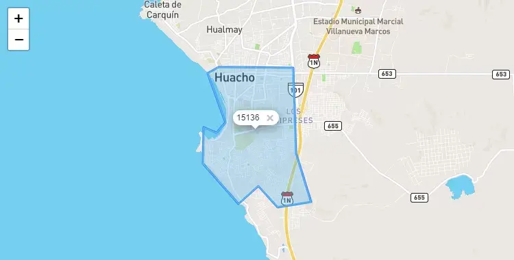 Mapa de la zona del código postal 15136 en Huacho, Lima