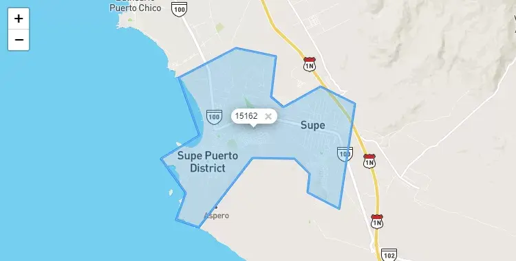 Mapa de la zona del código postal 15162 en Supe, Lima