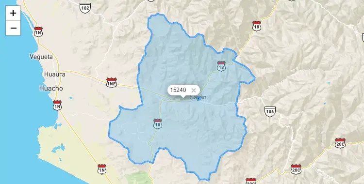 Mapa de la zona del código postal 15240 en Sayán, Lima