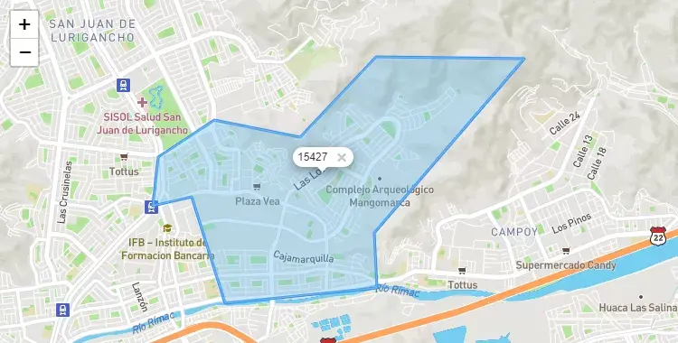 Mapa de la zona del código postal 15427 en San Juan de Lurigancho, Lima