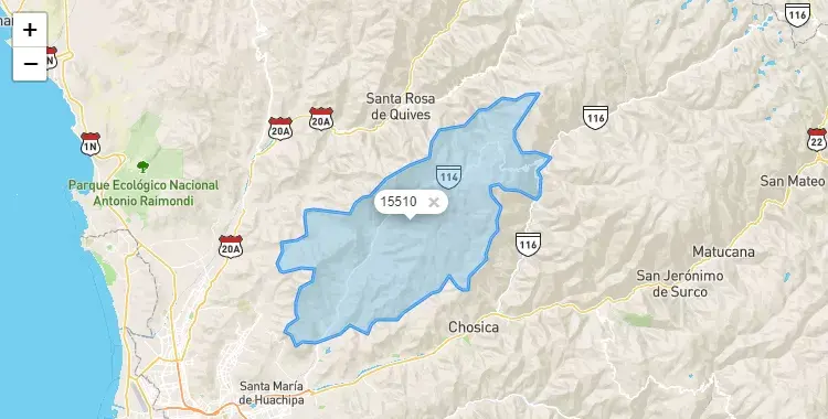 Mapa de la zona del código postal 15510 en San Antonio, Lima