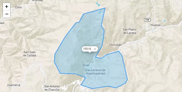 Mapa de la zona del código postal 15516 en Huachupampa, Lima