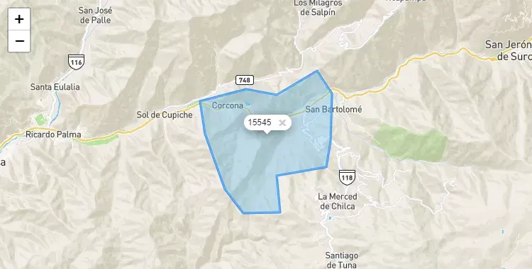 Mapa de la zona del código postal 15545 en Santa Cruz de Cocachacra, Lima
