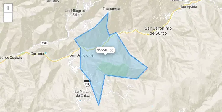 Mapa de la zona del código postal 15550 en San Bartolomé, Lima