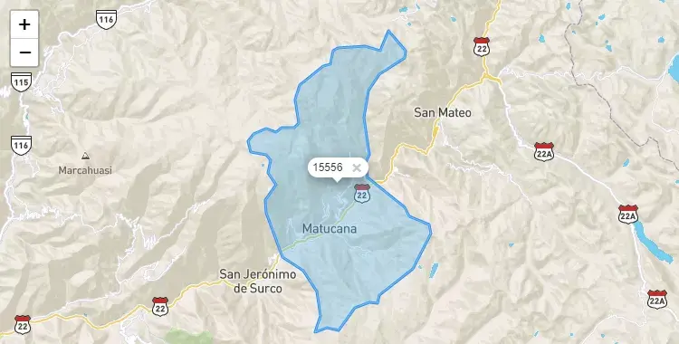 Mapa de la zona del código postal 15556 en Matucana, Lima