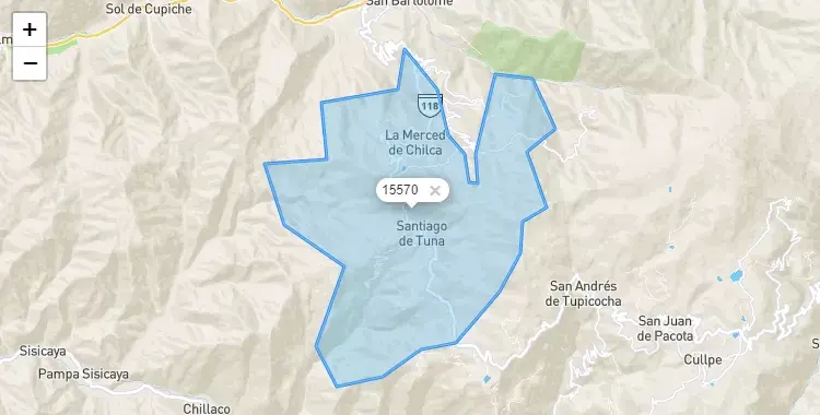 Mapa de la zona del código postal 15570 en Santiago de Tuna, Lima