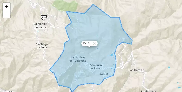 Mapa de la zona del código postal 15571 en San Andres de Tupicocha, Lima