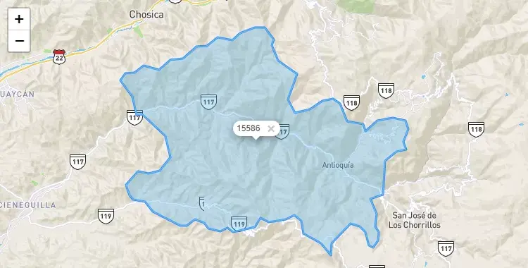 Mapa de la zona del código postal 15586 en Antioquía, Lima