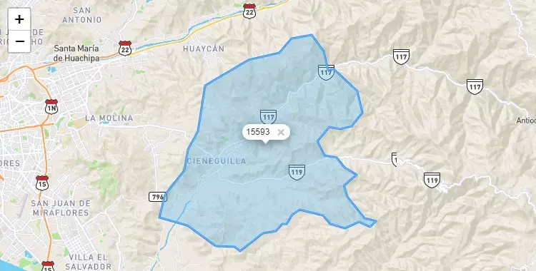 Mapa de la zona del código postal 15593 en Pachacamac, Lima
