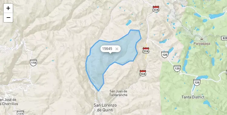 Mapa de la zona del código postal 15645 en Santiago de Anchucaya, Lima