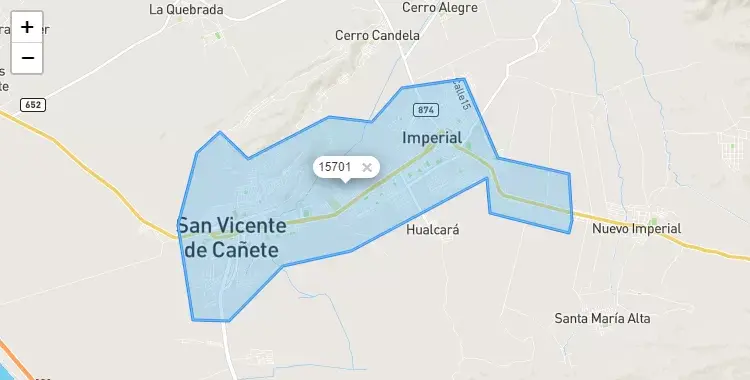 Mapa de la zona del código postal 15701 en Imperial, Lima