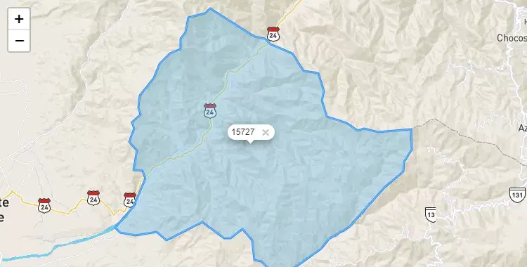 Mapa de la zona del código postal 15727 en Lunahuana, Lima