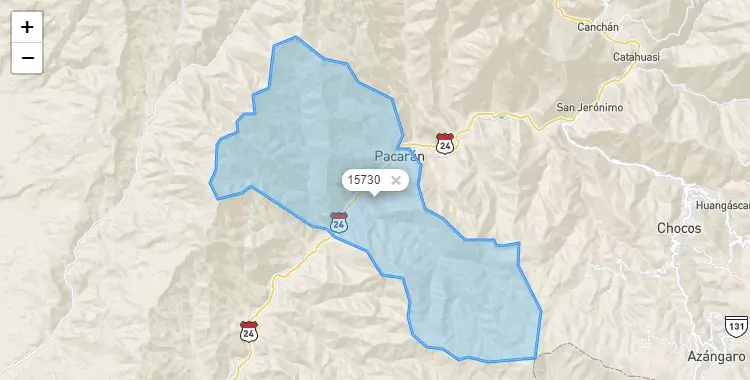 Mapa de la zona del código postal 15730 en Pacarán, Lima