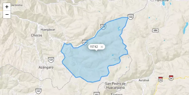 Mapa de la zona del código postal 15742 en Madean, Lima