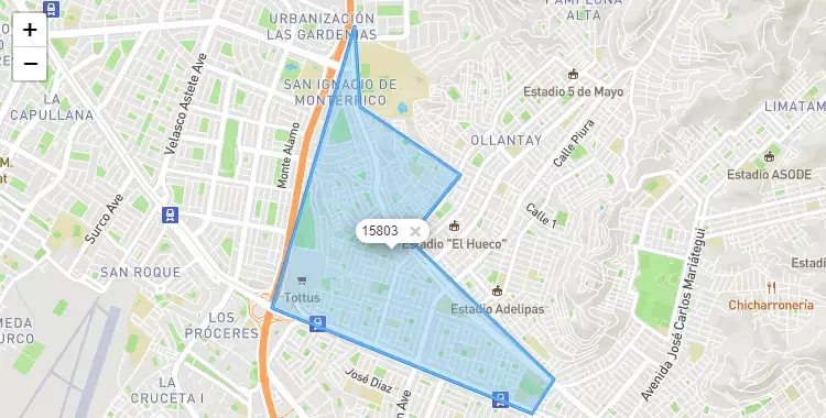 Mapa de la zona del código postal 15803 en Santiago de Surco, Lima