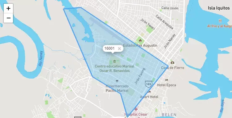 Mapa de la zona del código postal 16001 en Belén, Loreto