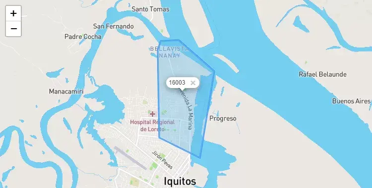 Mapa de la zona del código postal 16003 en Punchana, Loreto