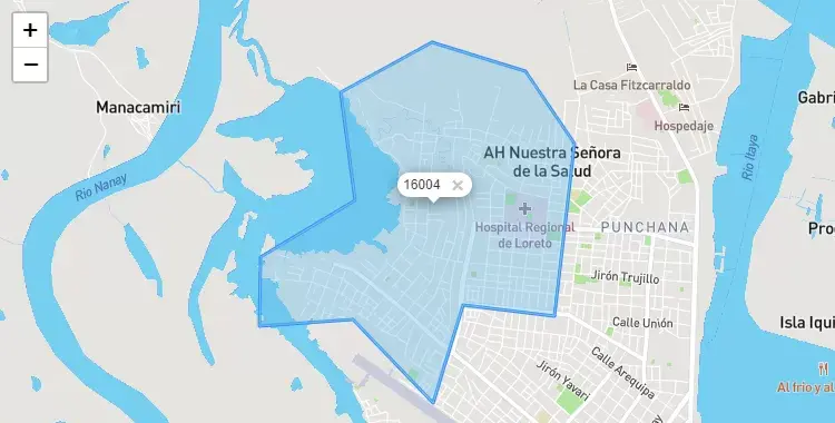 Mapa de la zona del código postal 16004 en Iquitos, Loreto