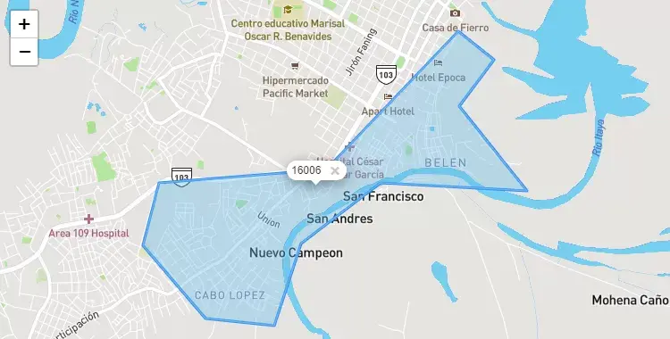 Mapa de la zona del código postal 16006 en Iquitos, Loreto