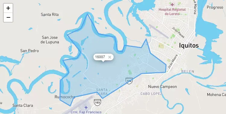 Mapa de la zona del código postal 16007 en Iquitos, Loreto