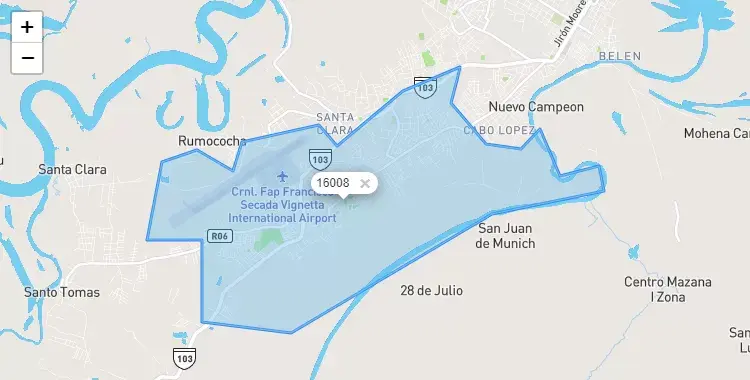Mapa de la zona del código postal 16008 en Belén, Loreto