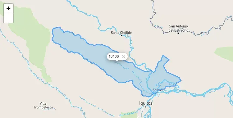 Mapa de la zona del código postal 16100 en Mazán, Loreto