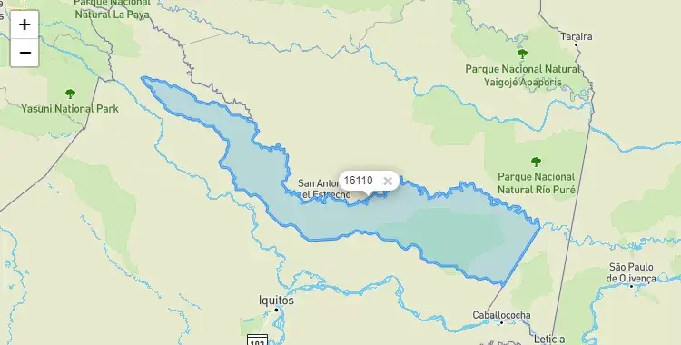 Mapa de la zona del código postal 16110 en Putumayo, Loreto