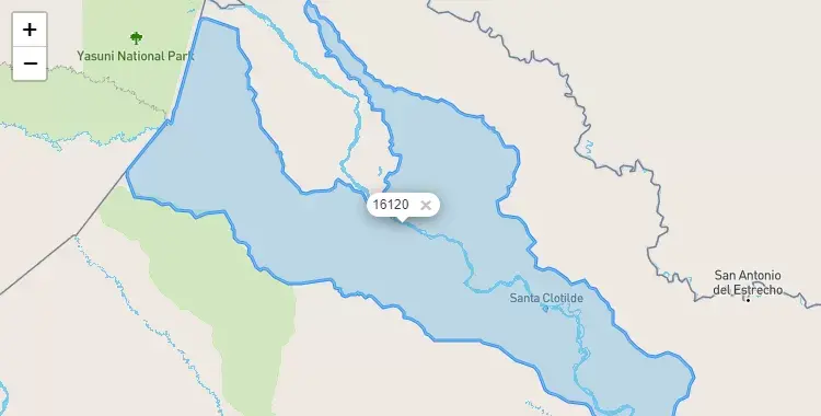 Mapa de la zona del código postal 16120 en Napo, Loreto