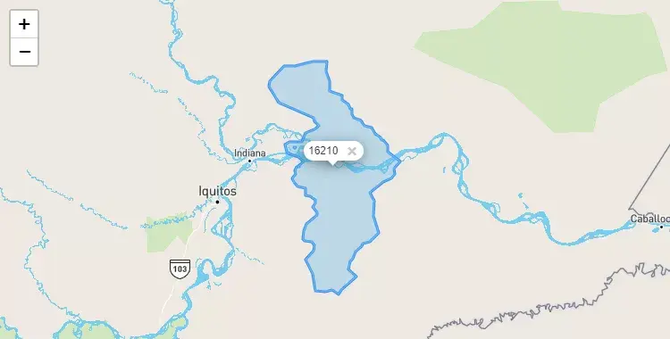 Mapa de la zona del código postal 16210 en Las Amazonas, Loreto