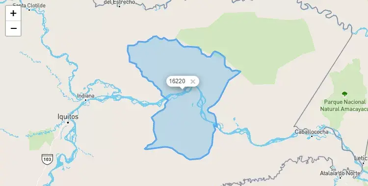 Mapa de la zona del código postal 16220 en Pebas, Loreto
