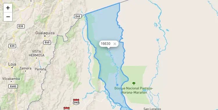 Mapa de la zona del código postal 16630 en Morona, Loreto